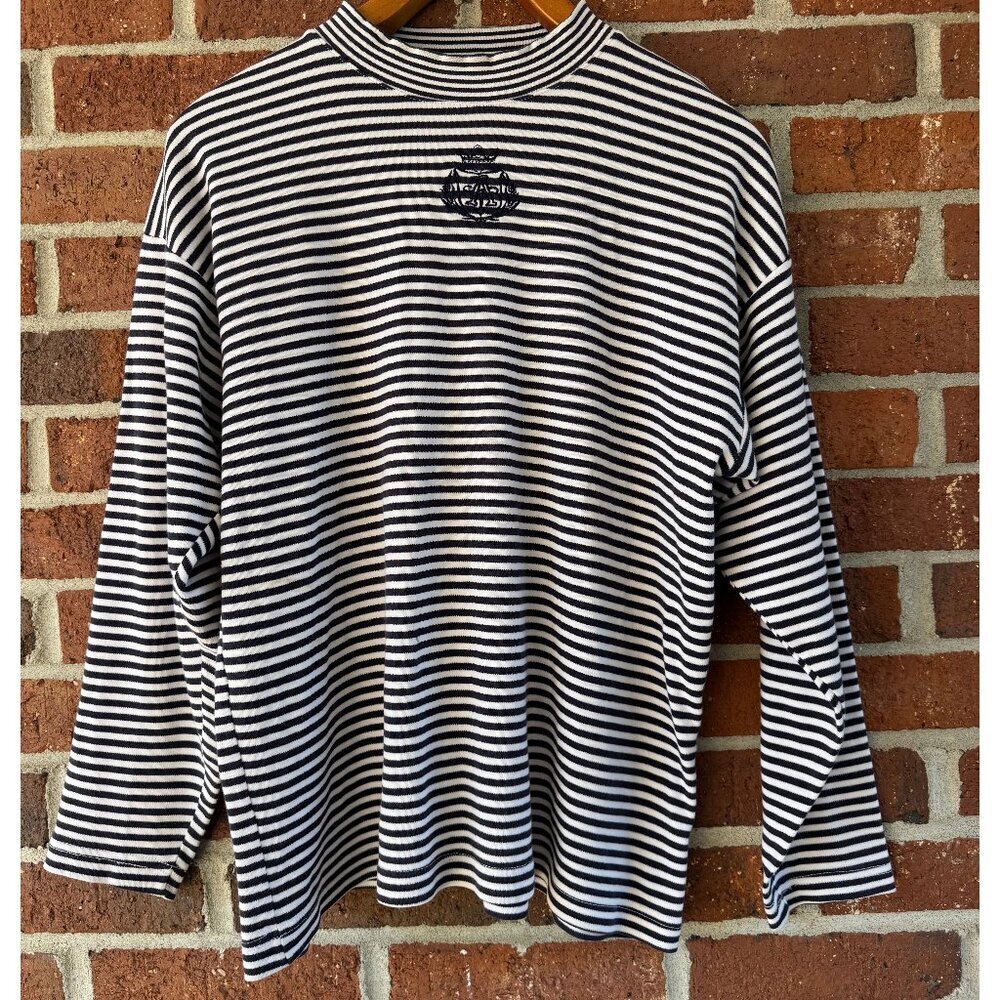Vintage Ann Taylor Navy Ivory Striped Knit Top Shoulder Pads Size M